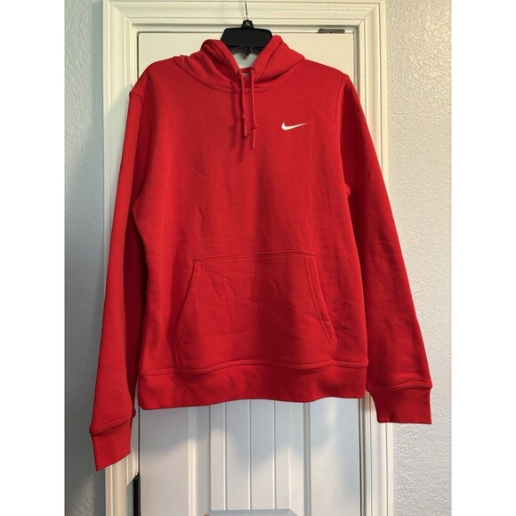 Nike Hoodie Sweatshirt Mens Medium Red White Logo Pullover Swoosh Fleece Solid - Picture 1 of 5